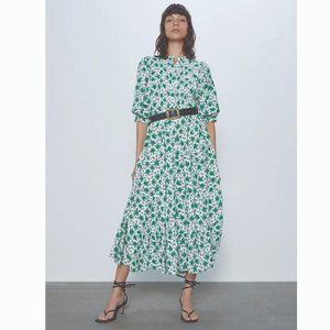 Zara oyster white green floral print dress small